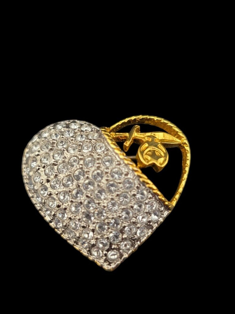 Vintage Butler Pave Heart Brooch With Gold-Tone Rose Detail And Rhinestones - Picture 3 of 8